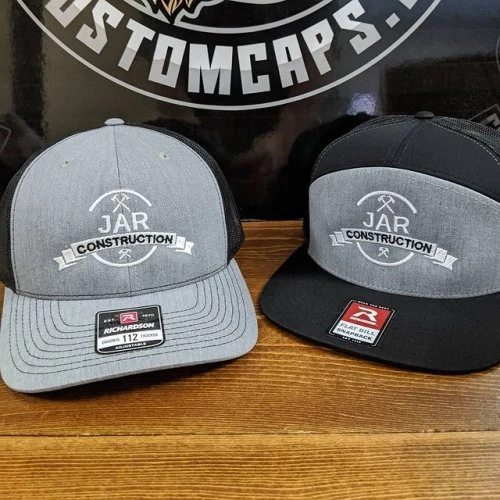 Here's a 6 panel and a 7 panel Richardson cap with direct embroidery! #customcaps #embroidery #swag