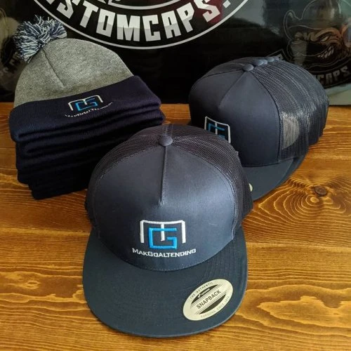 Great looking hats and toques heading out to makgoaltending today. #nominimum #customcaps #embroidered #canadabusiness 