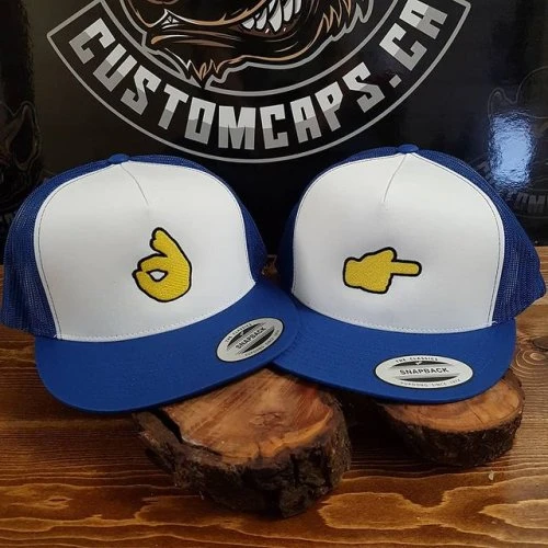 We don't always understand the designs our clients ask us to do...but we sure do love how some if them turn out! #customcaps #emoji #emojis #embroidery #embroideredcaps
