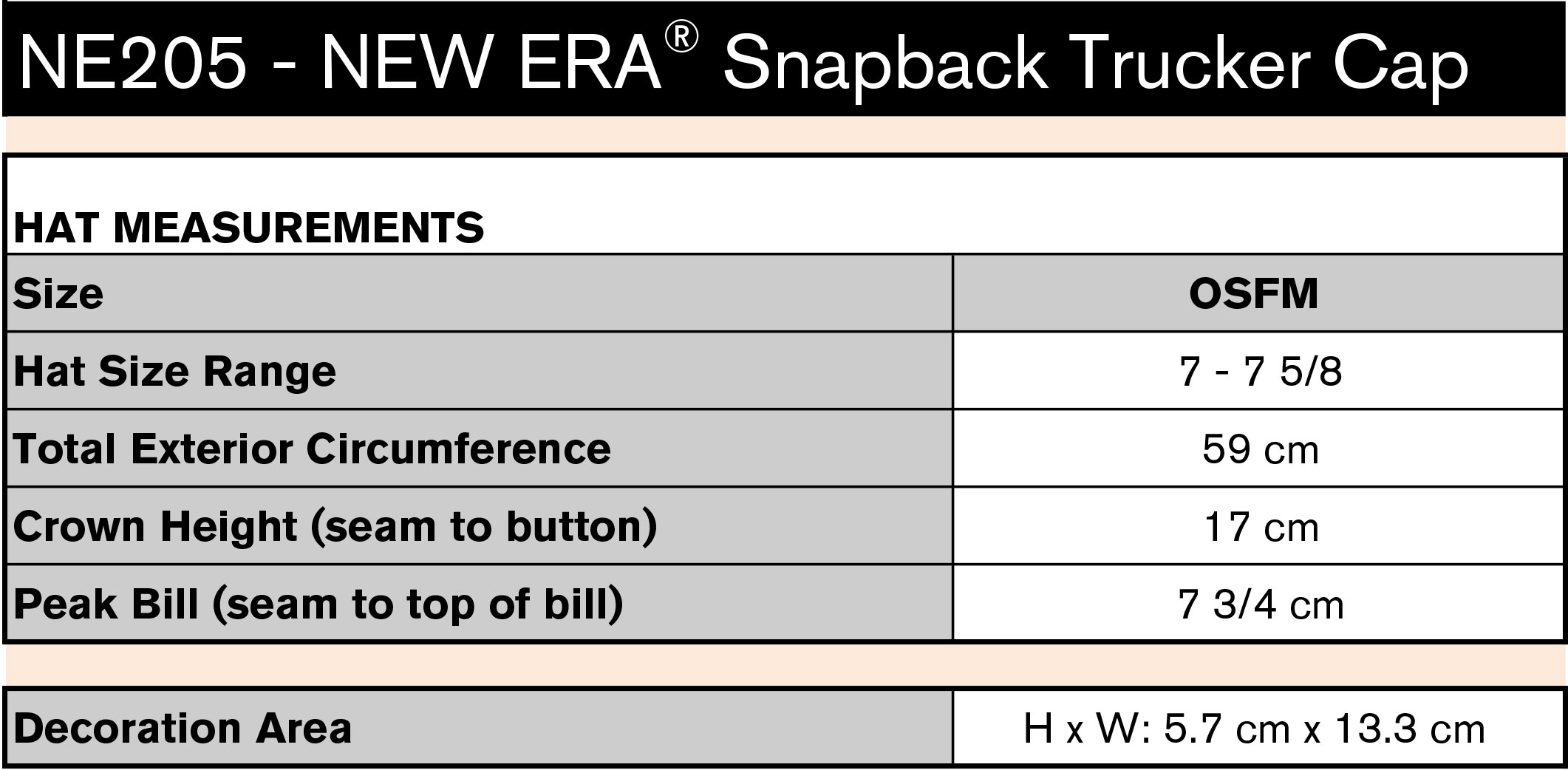 NE205 Size Chart